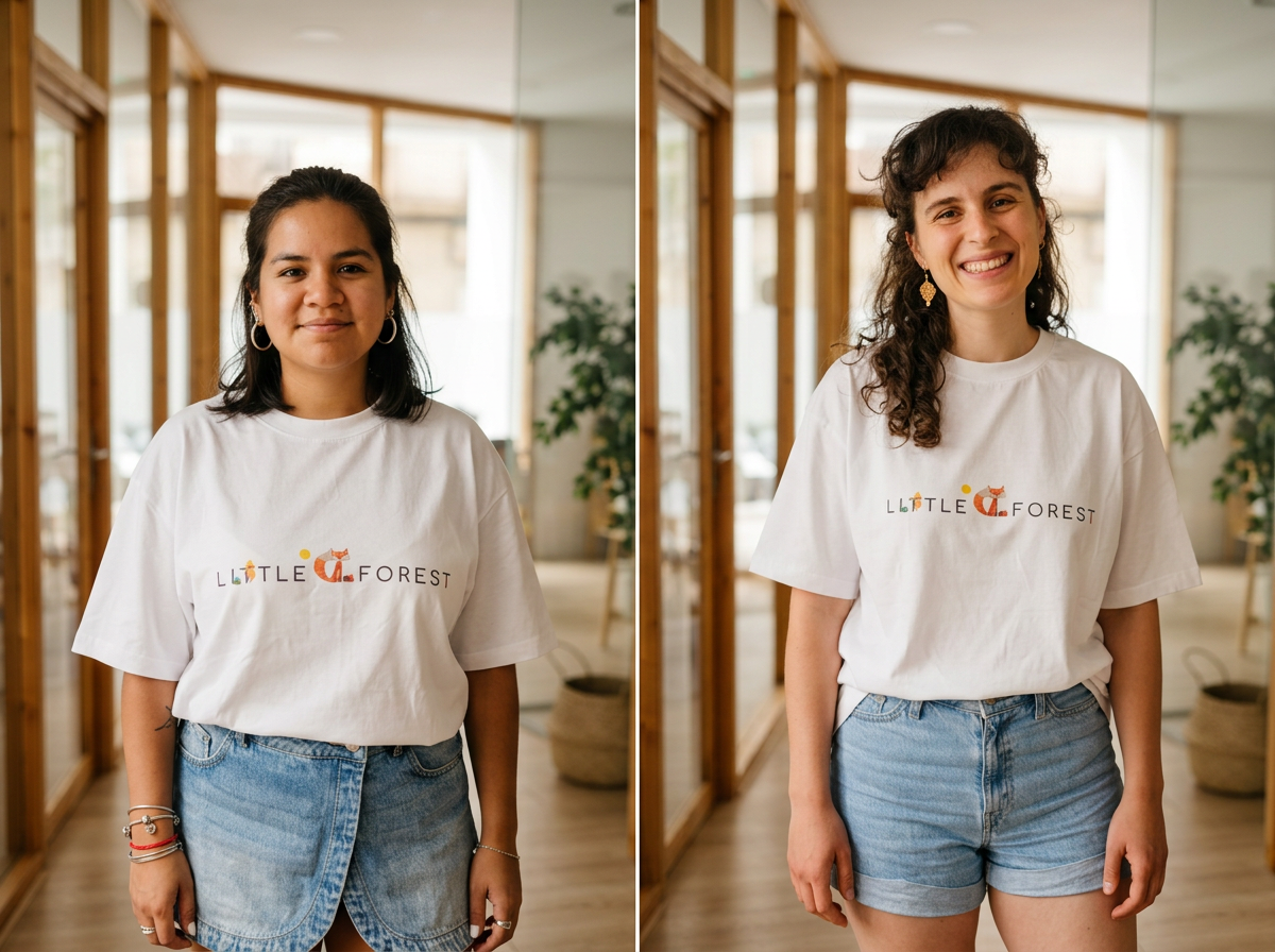 Two women standing indoors, each wearing a white t-shirt that says 'LITTLE FOREST' with a fox illustration, jeans, and smiling.