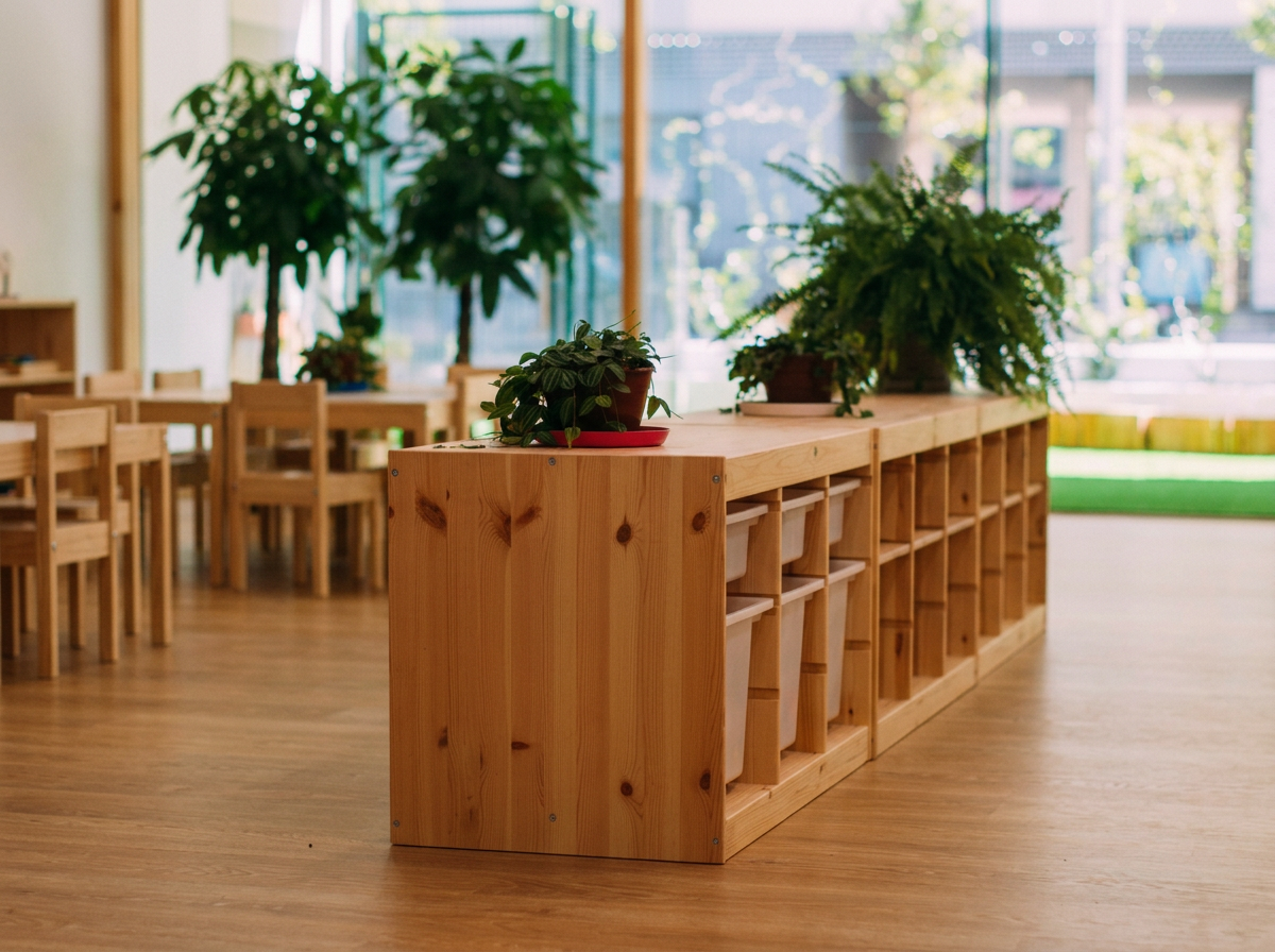 Wooden table with storage cubbies and potted plants in a bright room with large windows.