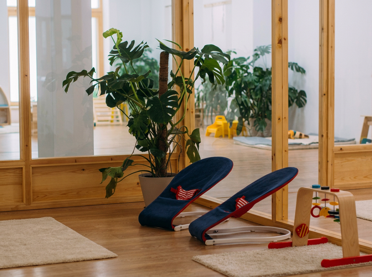 Indoor play area for children with a large potted plant, a wooden wall with glass panels, a small porch, a yellow toy chair, a rolled-up mat, a wooden toy with colorful pegs, and a cream-colored rug on a wooden floor.