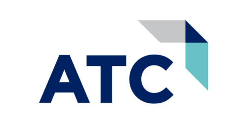 ATC logo with stylized folded paper design in shades of gray, navy, and turquoise.