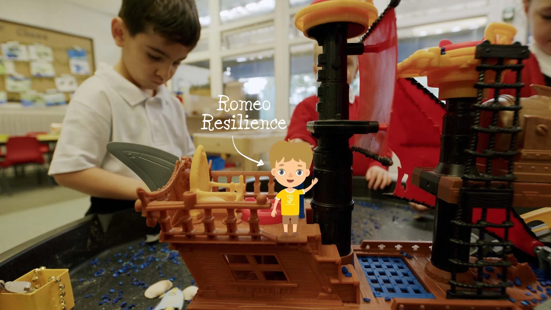 Child playing and Romeo Resilience character