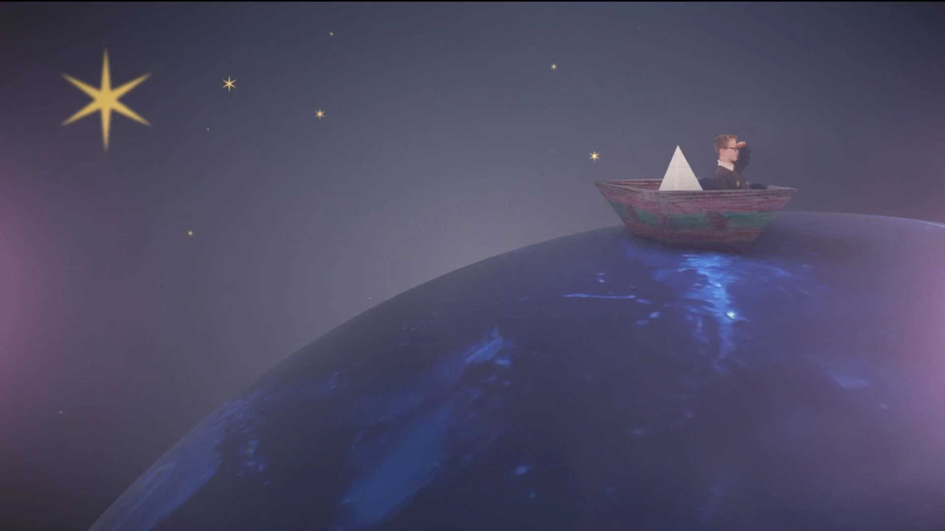 A boy in a paper boat on the water