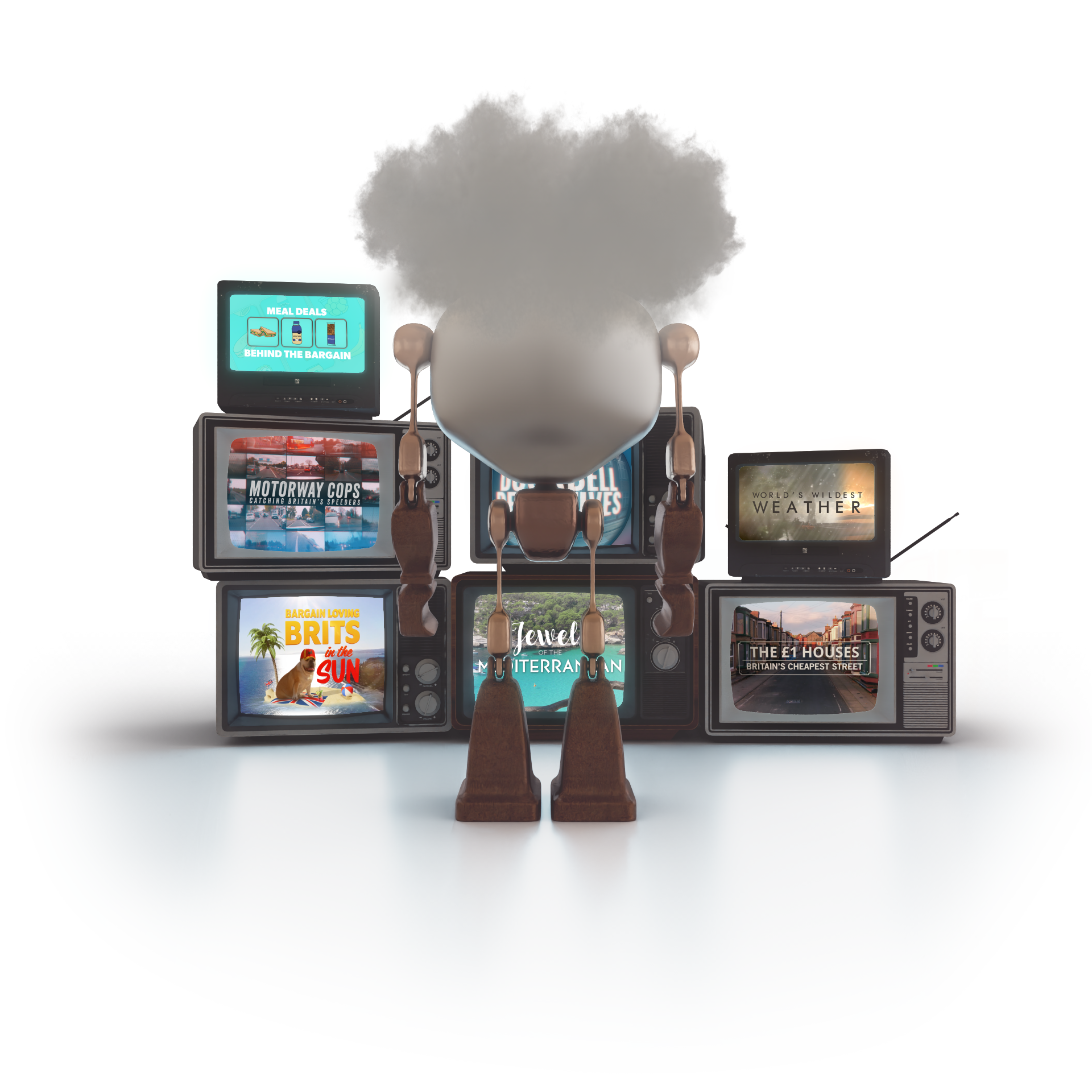 Robot in front of a stack of TV's showing various title screen examples