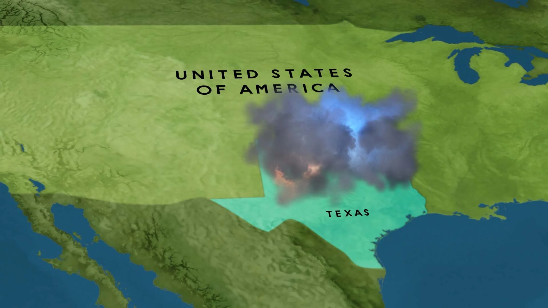 A stylized map showing storm clouds over Texas