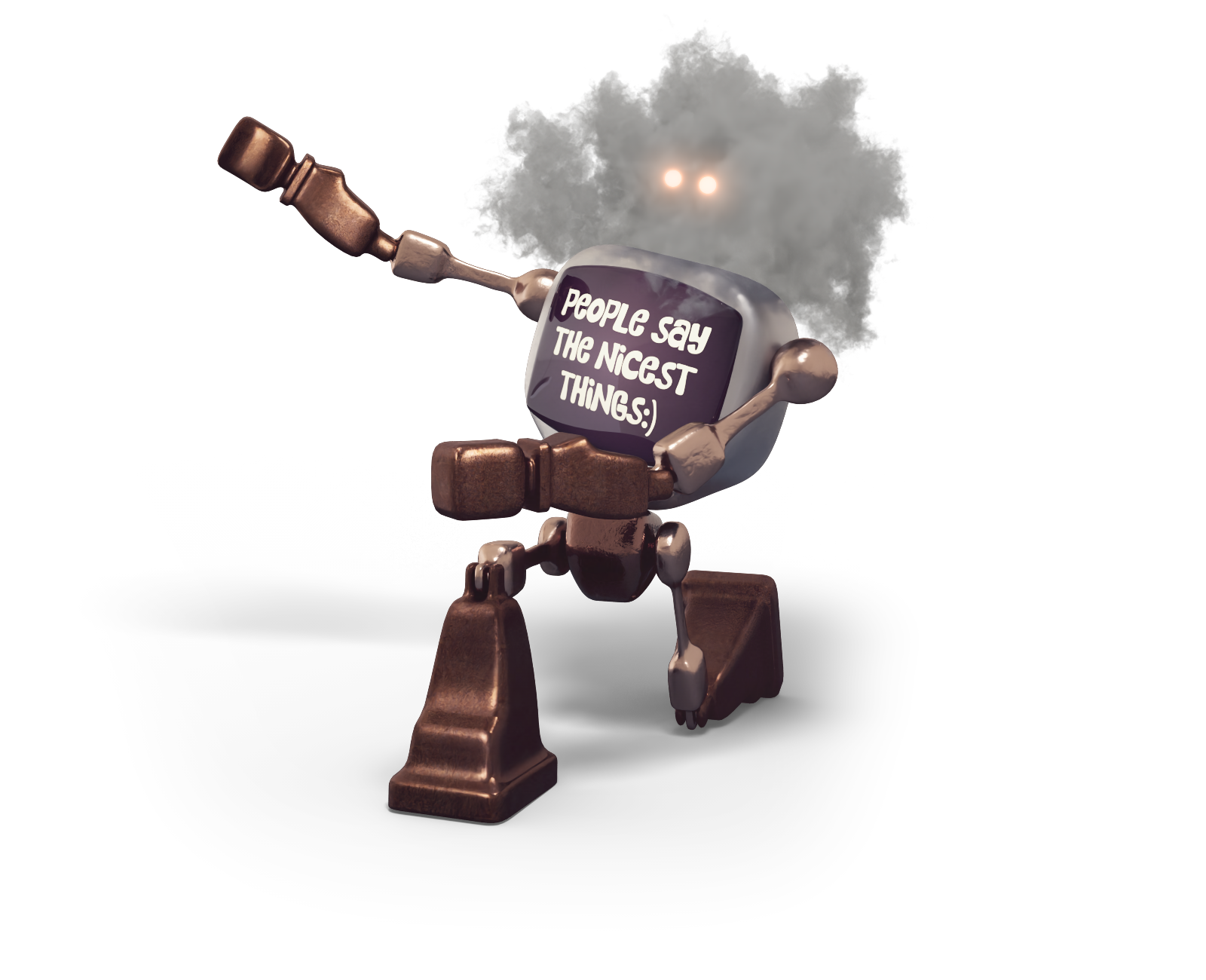 A robot with a cloud of smoke for a head, eyes glowing through the smoke, with an old-fashioned TV screen on its chest displaying the words 'People say the nicest things:)'.