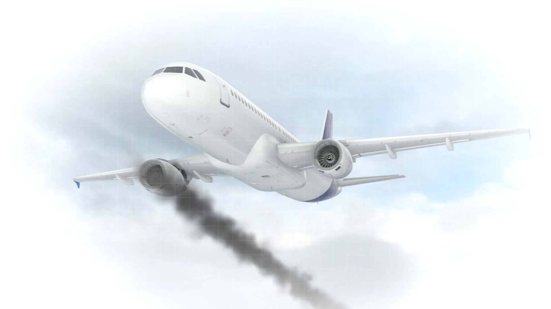 A stylized depiction of an Airbus 320 with smoke trailing from right-hand engine