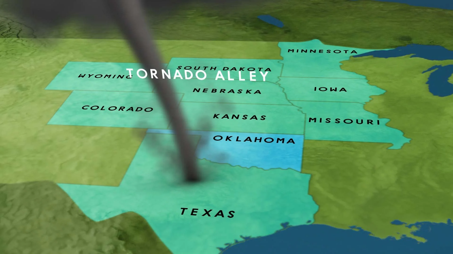 A stylized map showing a tornado in Texas