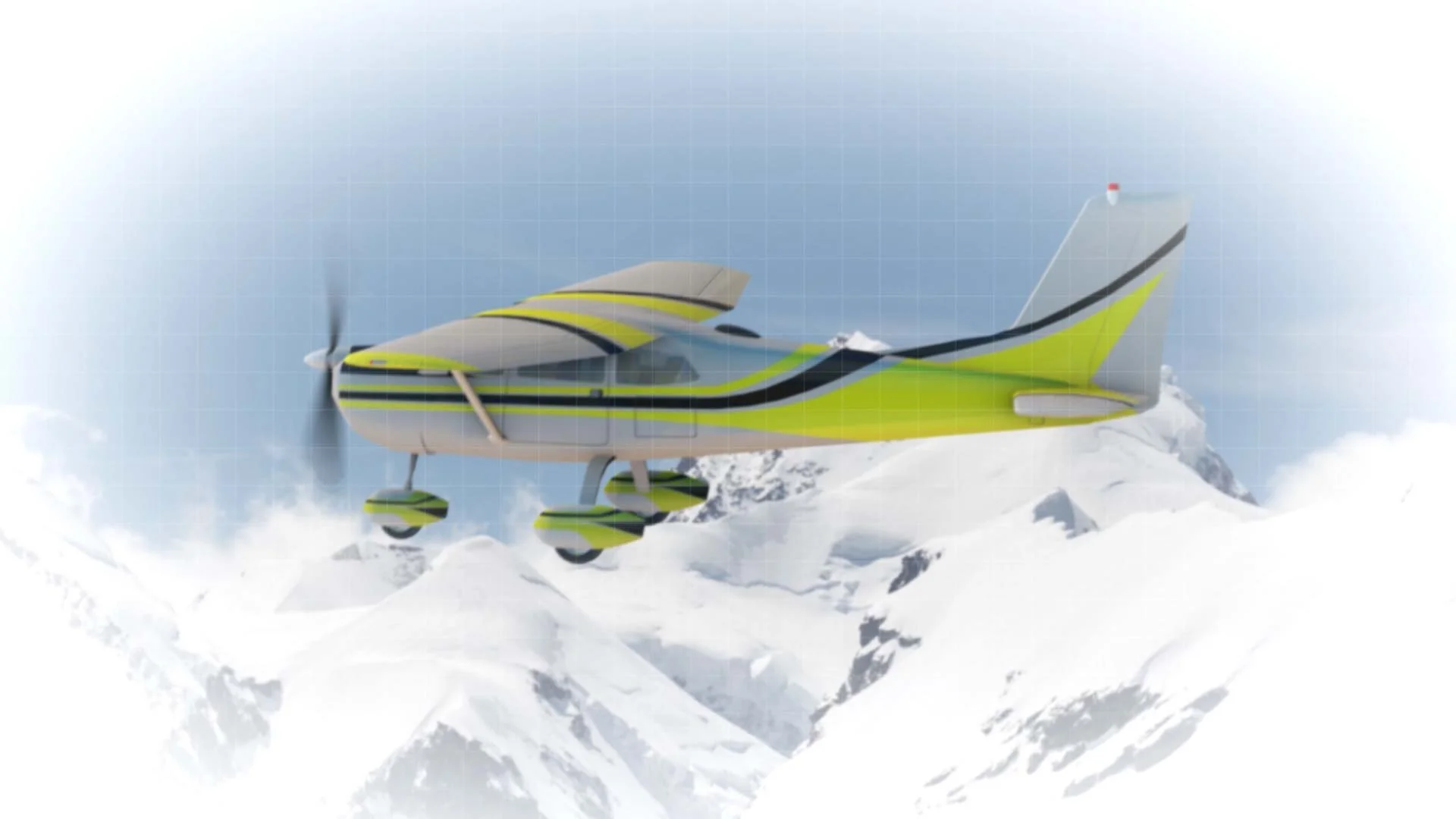 A stylized depiction of a Cessna 175 flying over snowy mountains