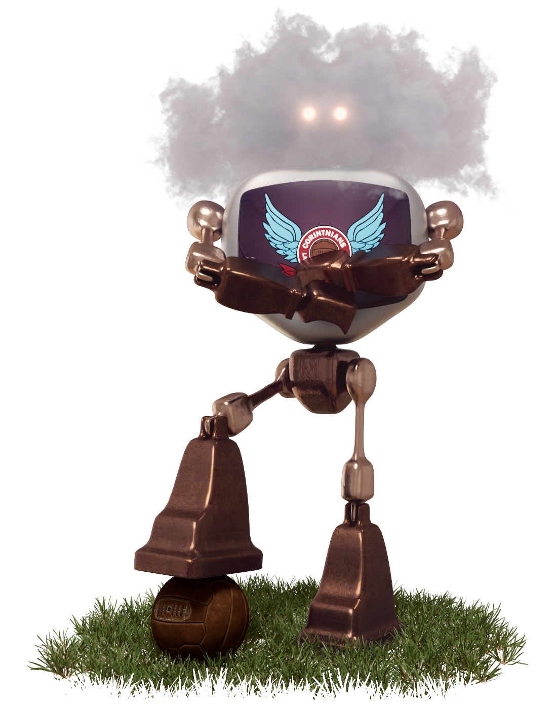 Robot standing proudly with an old football