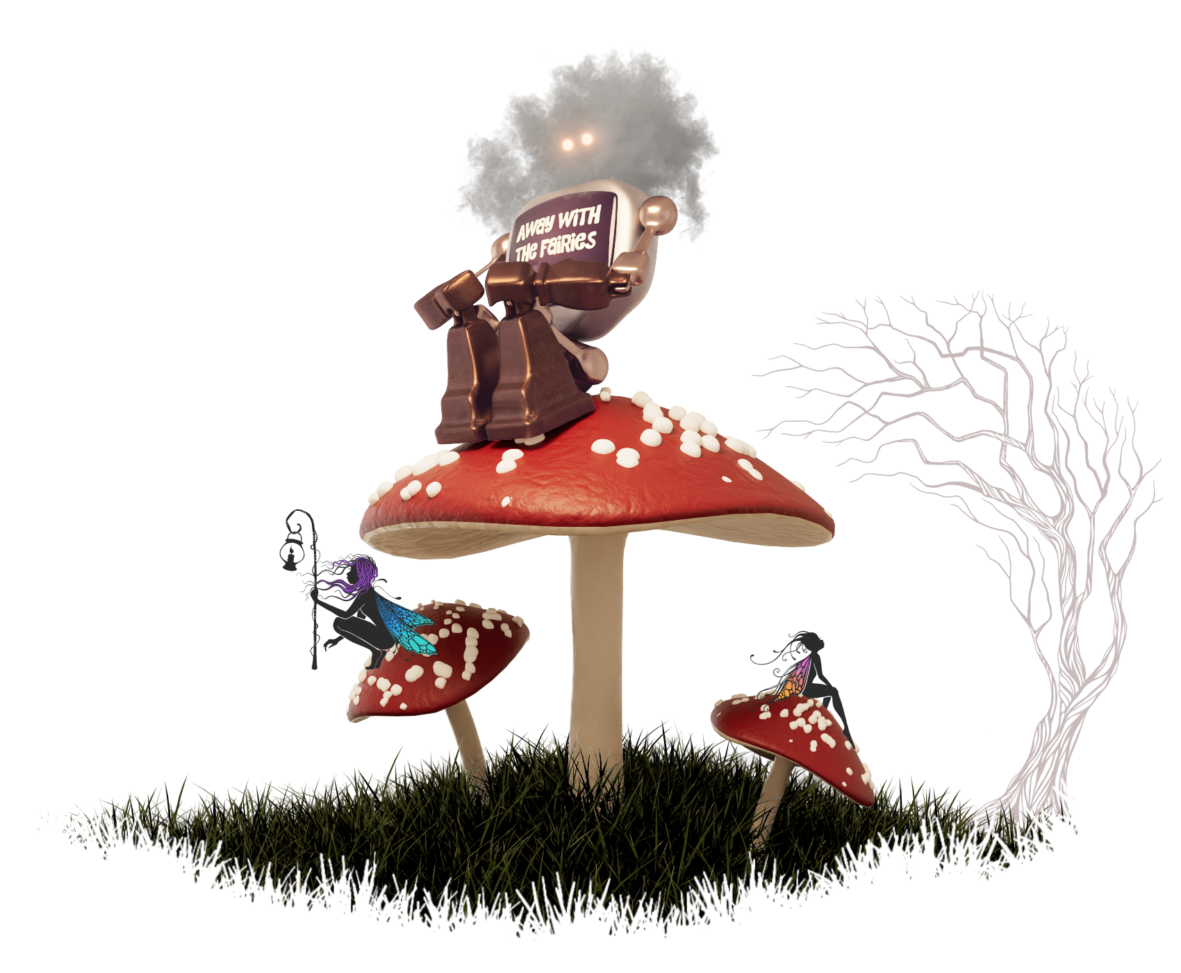 Robot on a toadstool with fairies