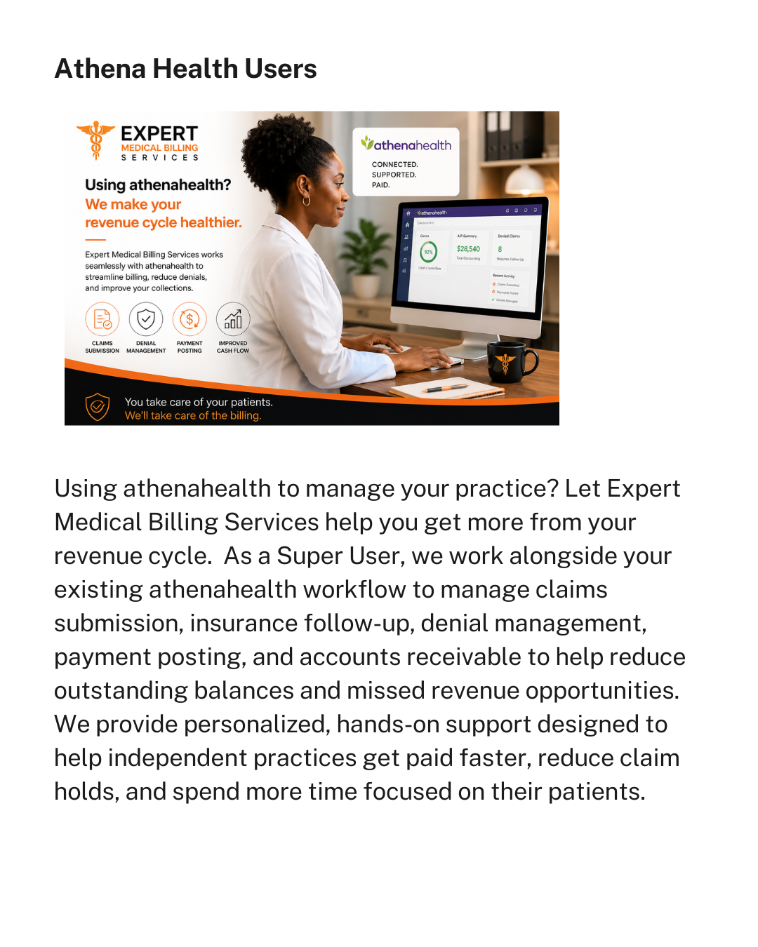 A woman in medical attire sitting at a desk using a computer displaying the athenahealth platform. The background shows a modern office setting with a plant, files, and a lamp.