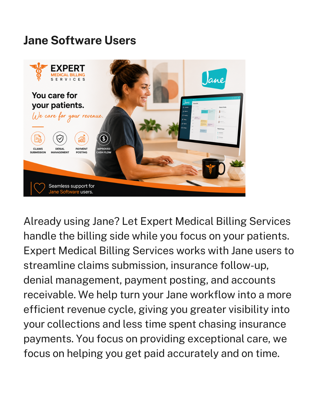 Promotional graphic for Expert Medical Billing Services featuring a woman using Jane Software on a desktop computer, with icons representing claims submission, denial management, payment posting, and improved cash flow, along with text emphasizing support for Jane Software users.