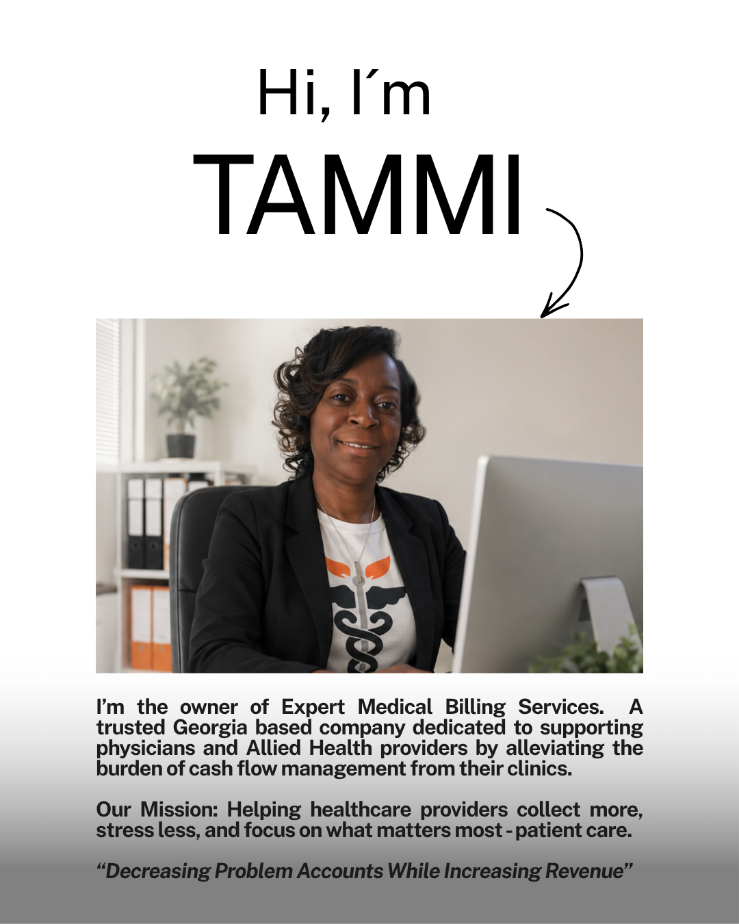 Professional woman sitting at her desk in an office, smiling at the camera with a potted plant in the background, promoting a medical billing service.