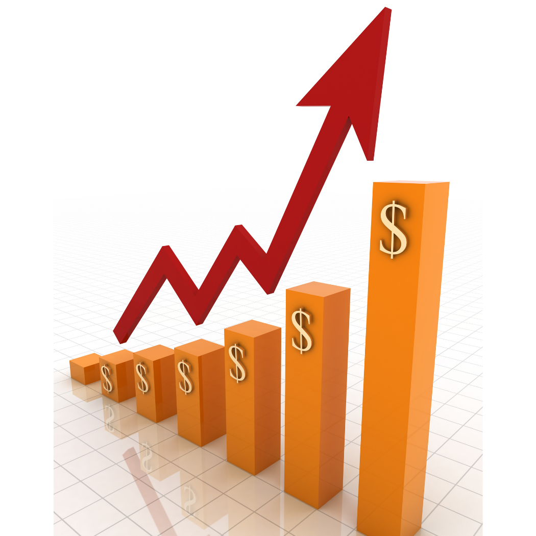 Orange 3D bars with dollar signs increasing in height from left to right, overlaid by a red upward trending arrow indicating growth or profit.
