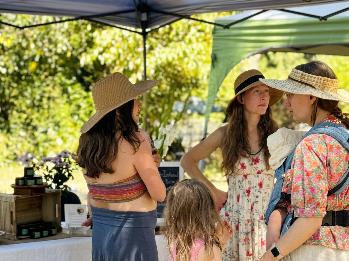 Three women and a young girl having a conversation at an outdoor market, with greenery in the background and market stalls visible.