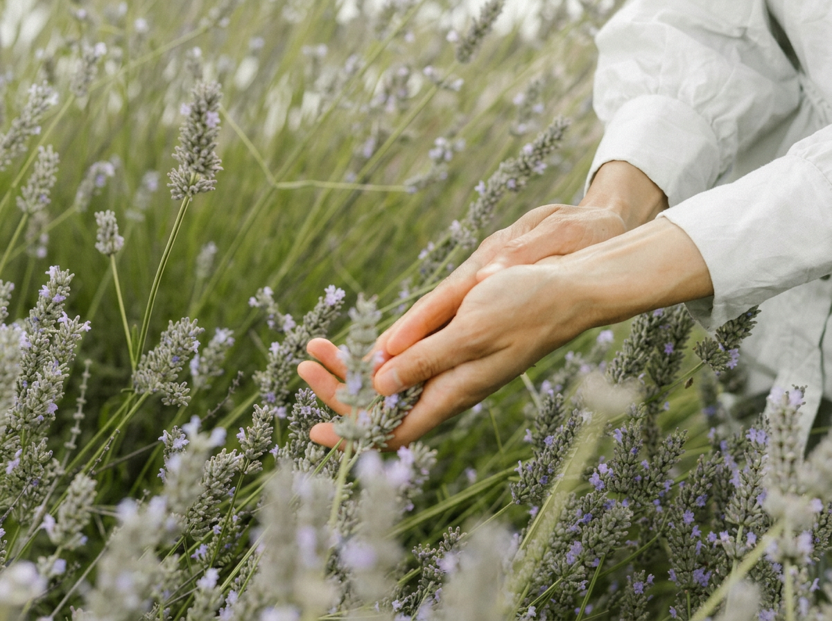 Person gently touching lavender plants in a field, wearing a white long-sleeve shirt.