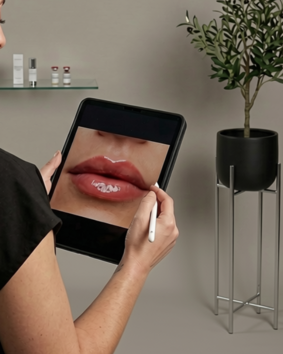 A person holding a tablet with a close-up of lips on the screen, using a stylus in a modern room with a potted plant and skincare products on a shelf.