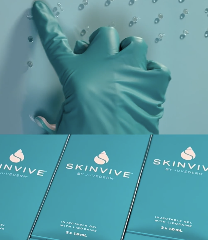 A hand in a teal glove pressing a button or surface, with small bubbles or droplets. Below, three boxes of Skinvive injectable gel with lidocaine, by Juvederm, 2 x 1.0 mL.