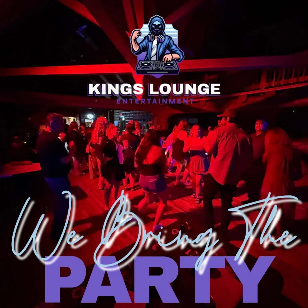 People dancing and socializing at a party in a dimly lit entertainment venue with red lighting, with a logo of a DJ wearing a hoodie and headphones above the text "Kings Lounge Entertainment". Text overlay says "We Bring The PARTY".
