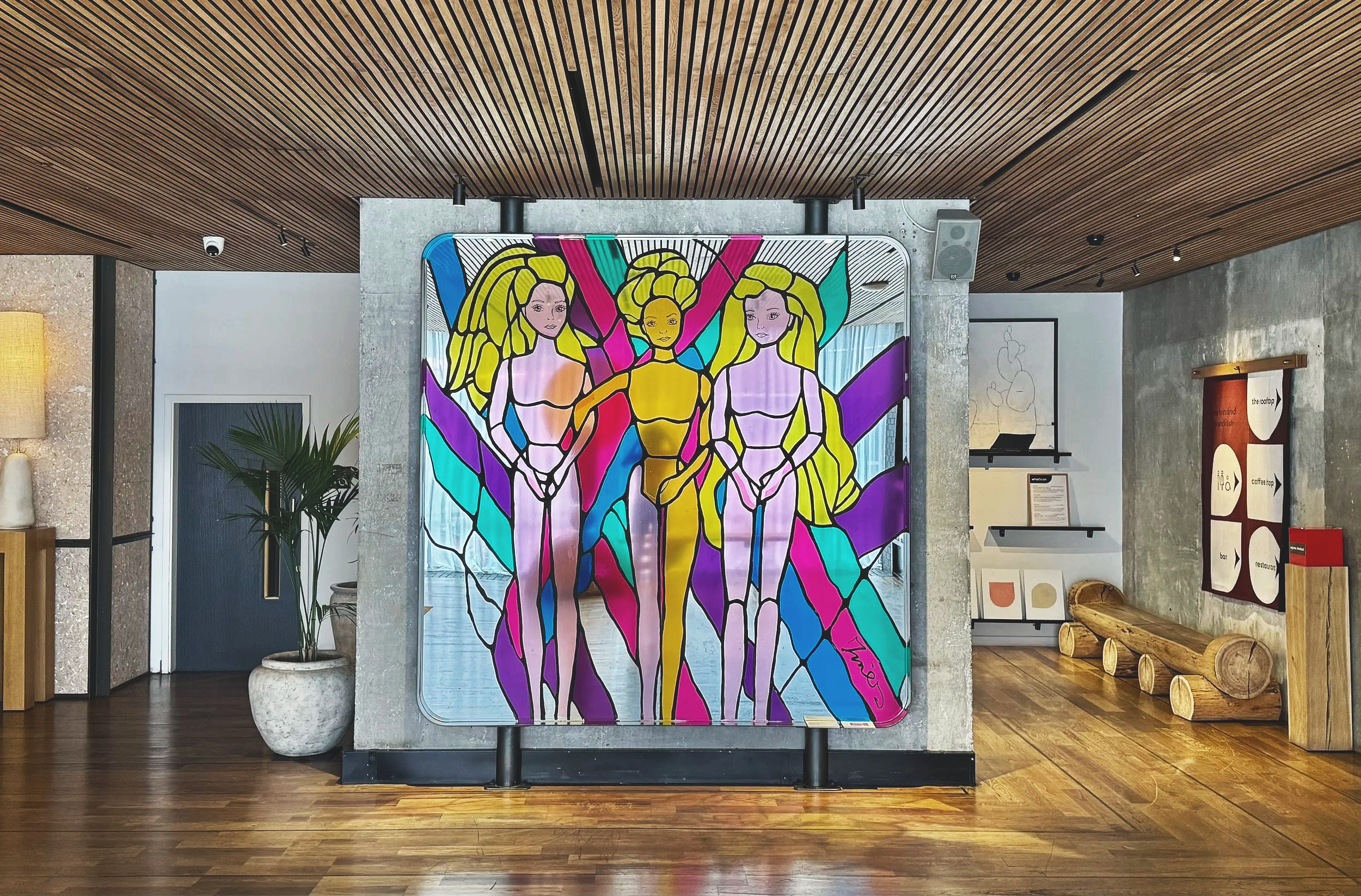 Commission work using an Inspired stained glass technic on the mirror  the hall of One Hundred Shoreditch Hotel, London
