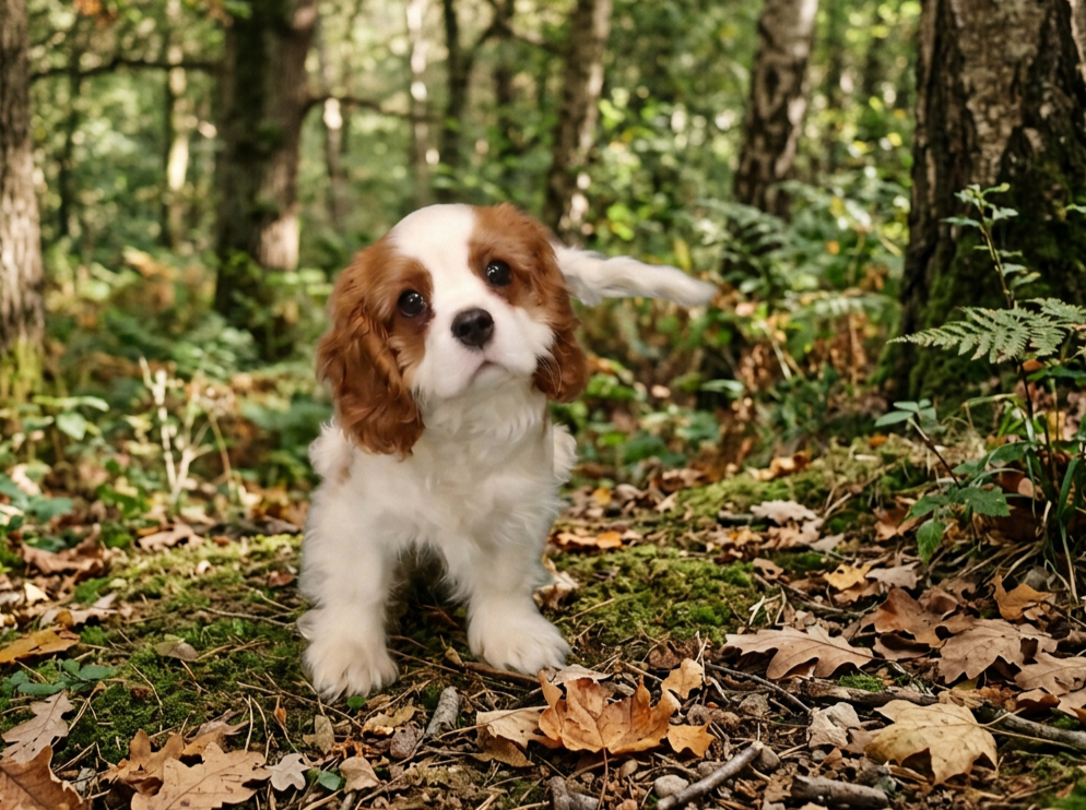 Cavalier spaniel sitting in woodland