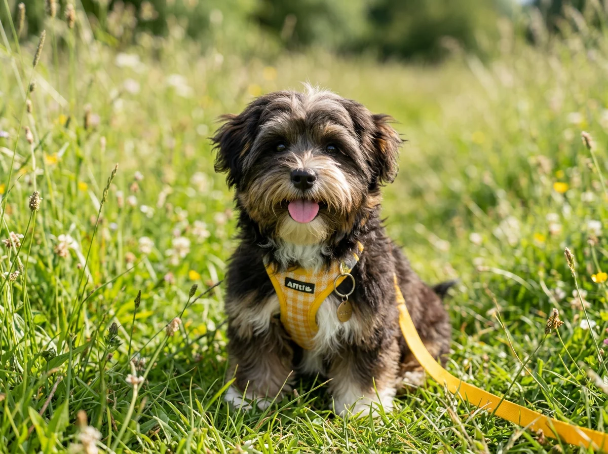 Havanese puppy sitting in grassy meadow wearing a yellow check harness and lead