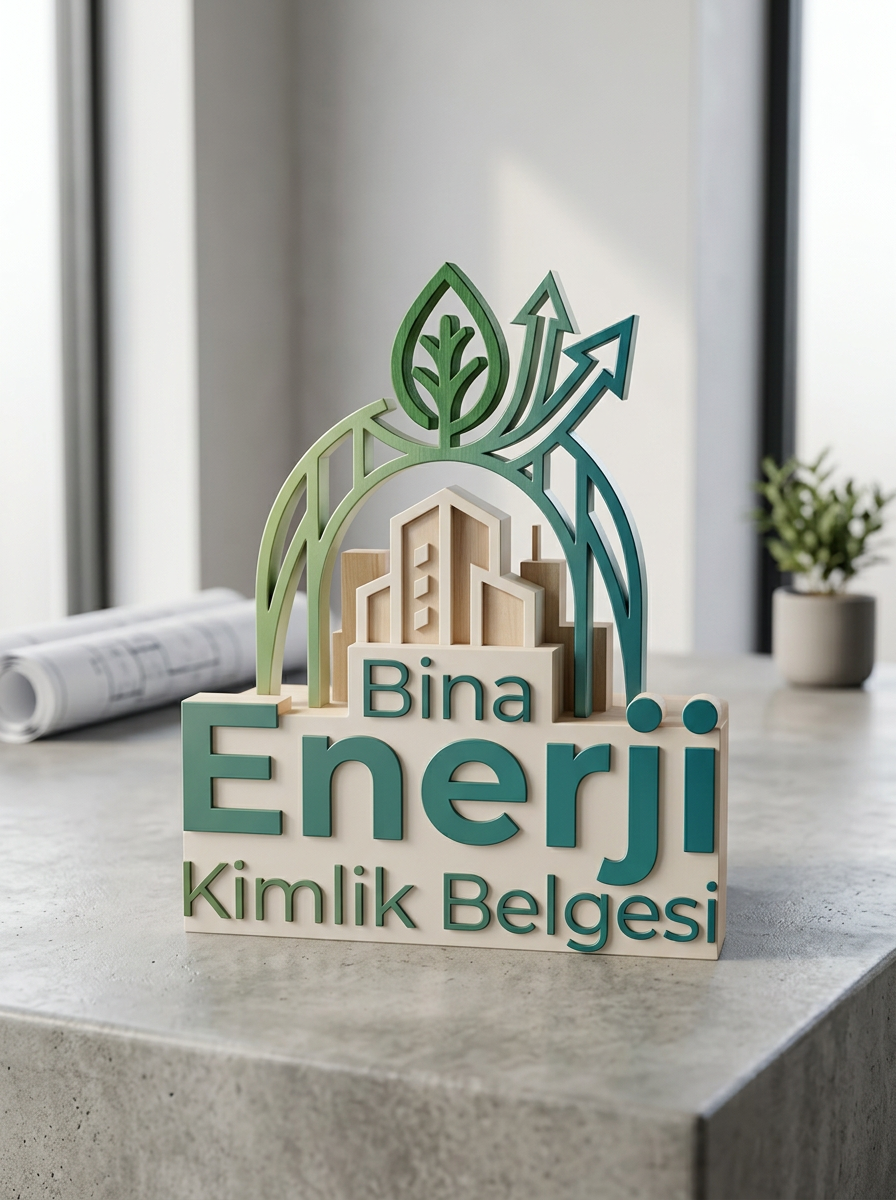 Bina Enerji Kimlik Belgesi hizmetini temsil eden kurumsal logo; modern şehir silüeti, çevre dostu yeşil yapraklar ve enerji tasarrufunu simgeleyen verimlilik oklarından oluşmaktadır.