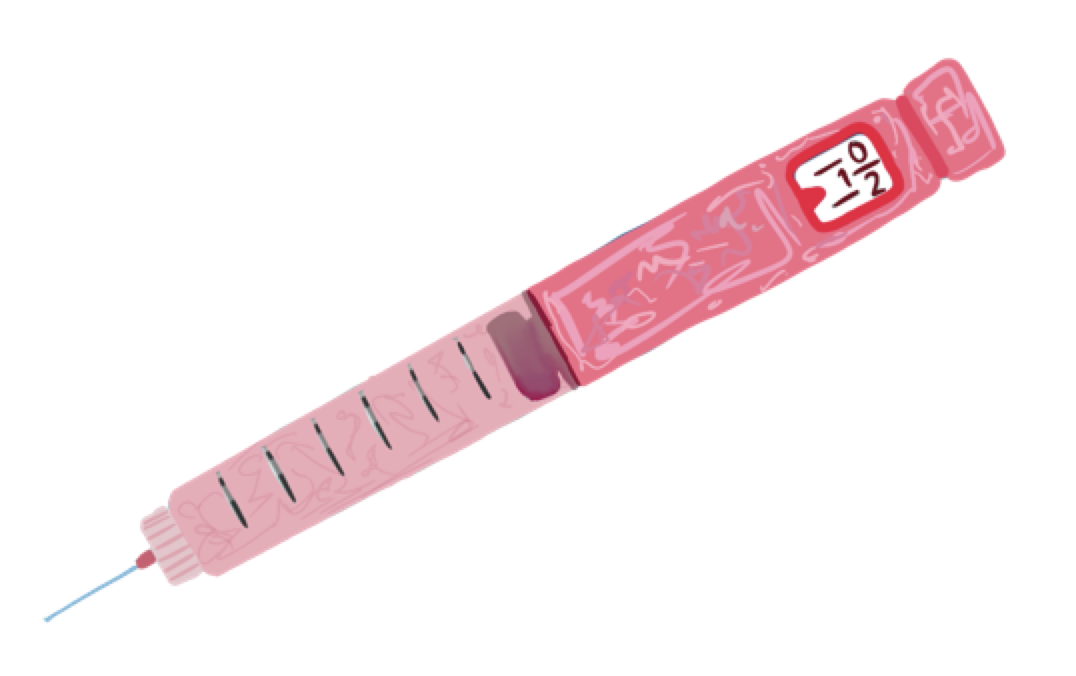 Illustration of pink insulin pen with needle exposed, ready to administer 1 unit of insulin.