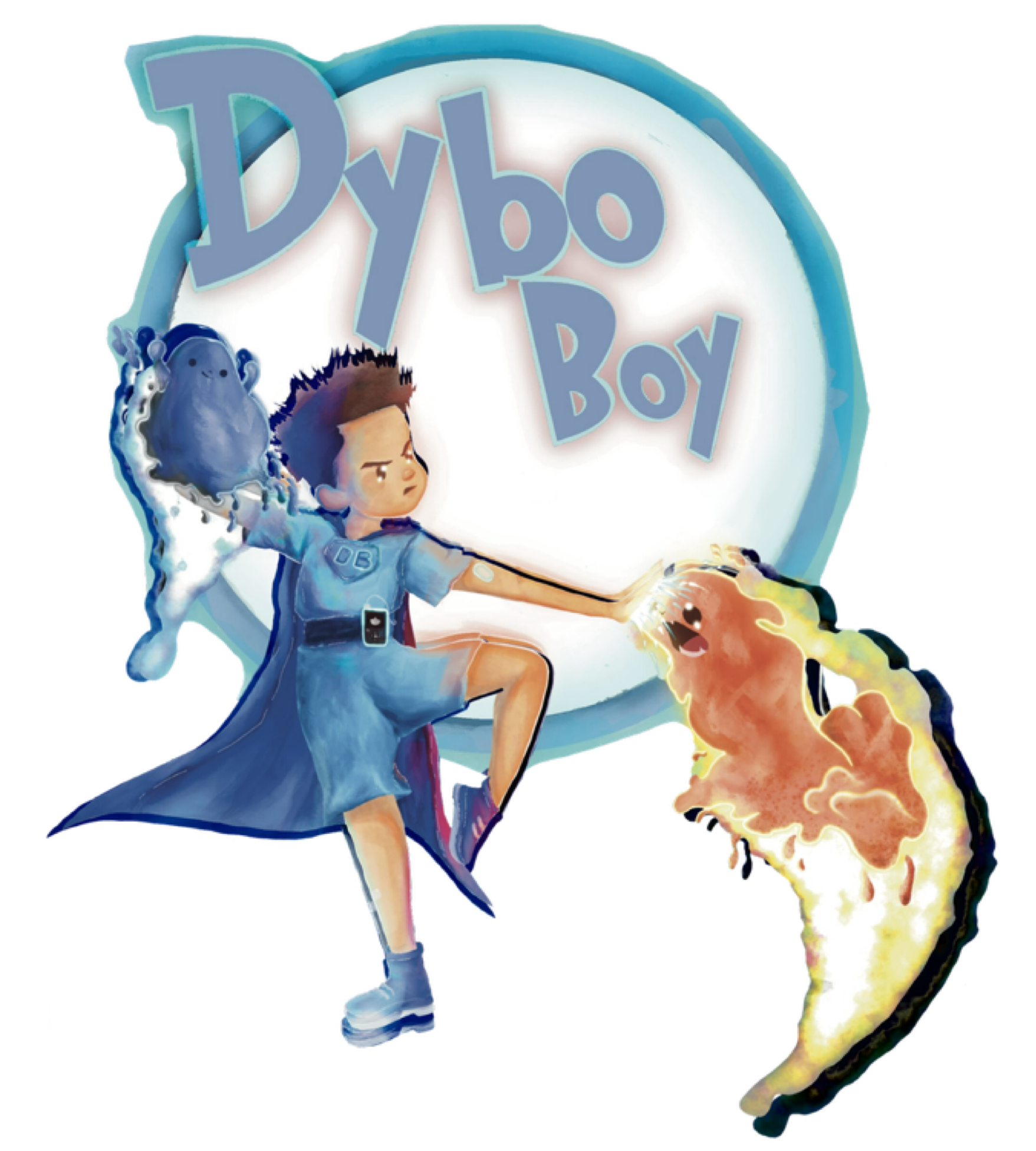 Dybo Boy, a child superhero with Type 1 Diabetes. He is a young boy with tanned skin, spiky brown hair, and wears a blue outfit, cape and boots. DB is written on his chest. He has a glucose monitor on his left arm and an insulin pump on his belt.