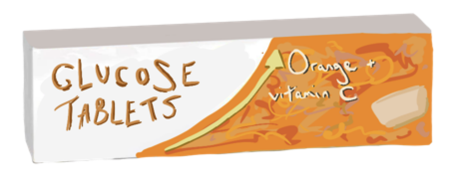 Illustration of packet of orange-flavoured glucose tablets containing vitamin c to sharply boost blood sugar levels.