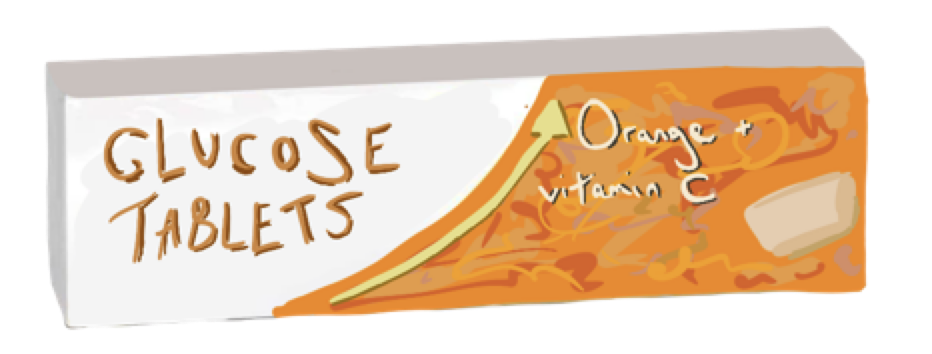 Illustration of packet of orange-flavoured glucose tablets containing vitamin c to sharply boost blood sugar levels.