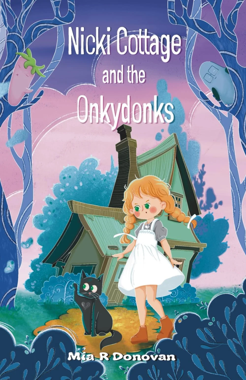 Book cover of Nicki Cottage and the Onkydonks. Features a 10-year-old girl wearing a white apron, and her black cat Jasper, a wonky heart-shaped patch of white fur on his chest. The background is pink and purple, and we see two Onkydonks hiding.
