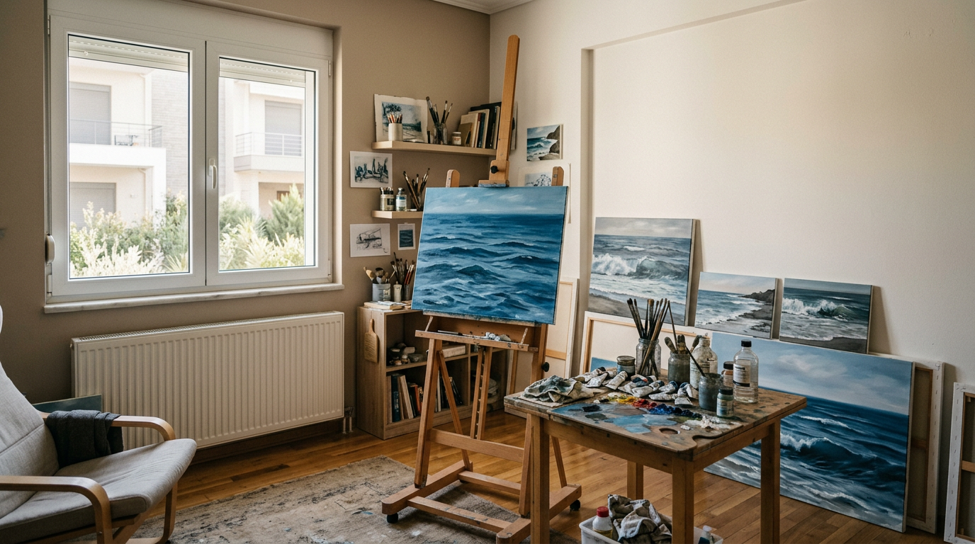 An artist's studio with a painting of ocean waves on an easel, several other paintings of ocean scenes leaning against the wall, a table with art supplies, and a window with a view of buildings and greenery outside.