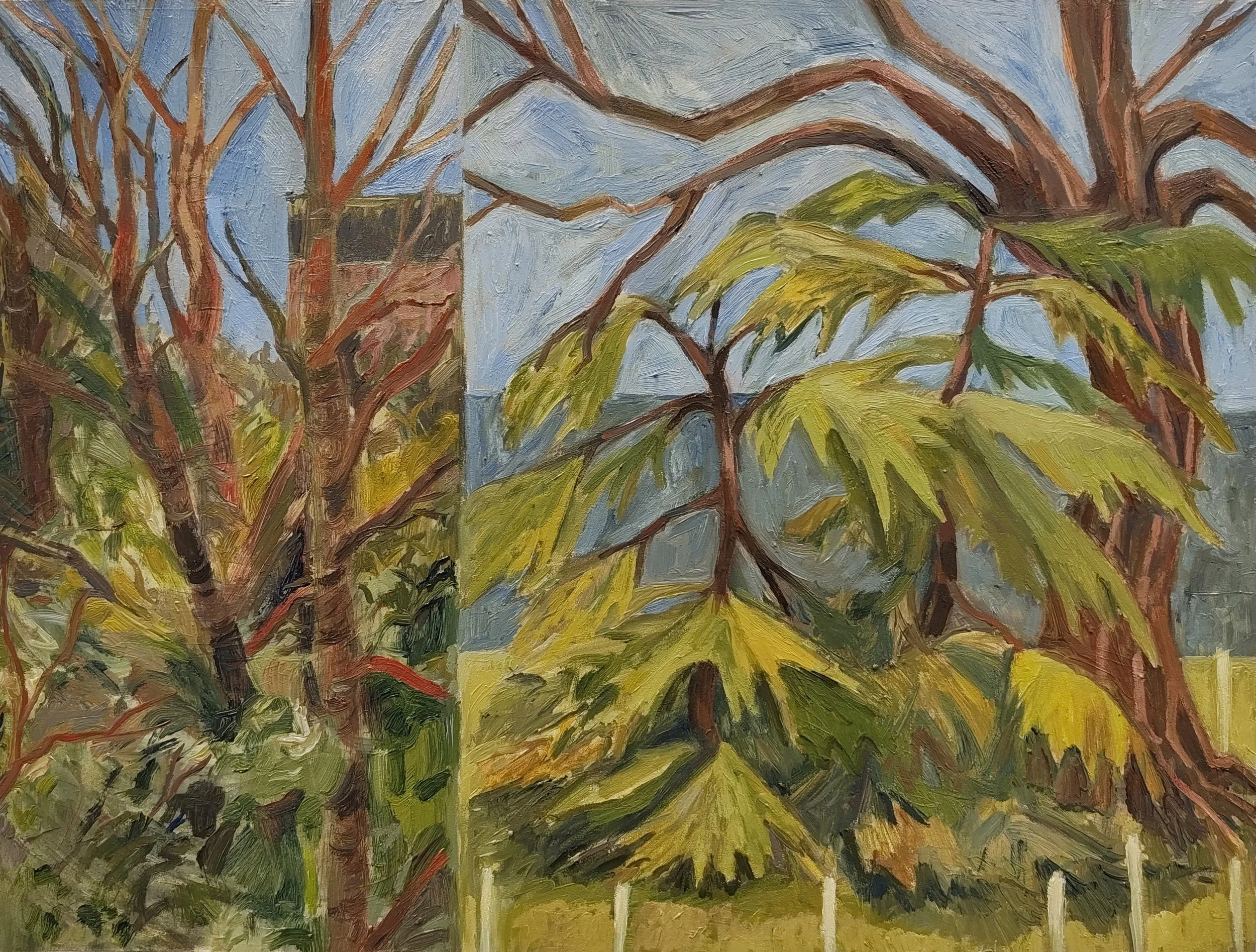 An oil painting of trees with brown trunks and branches, yellow and green leaves, set against a blue and gray sky.