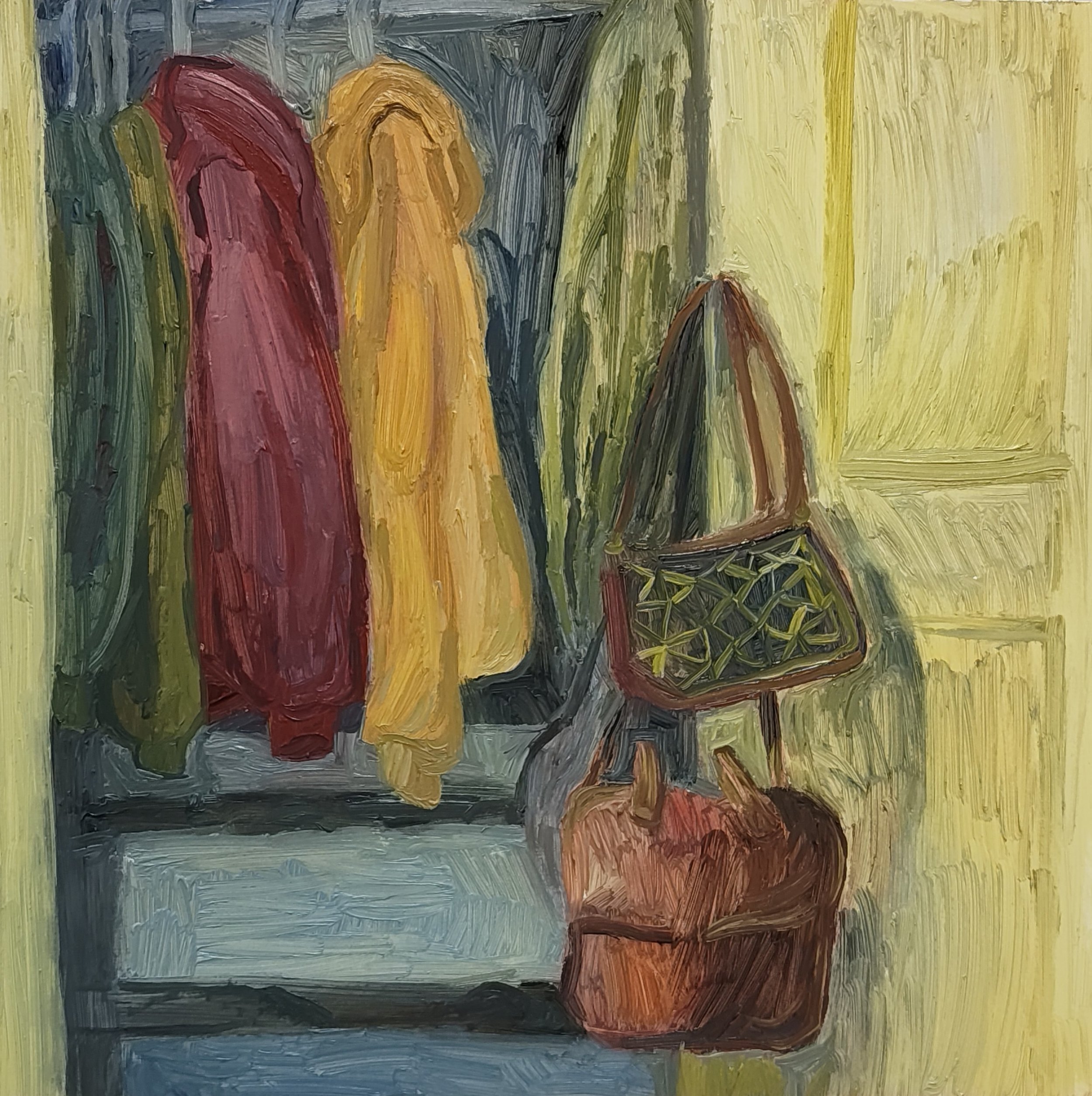 An abstract painting with bold brushstrokes and bright colors, featuring a red, yellow, and black shape on a background of yellow, green, blue, and gray strokes.