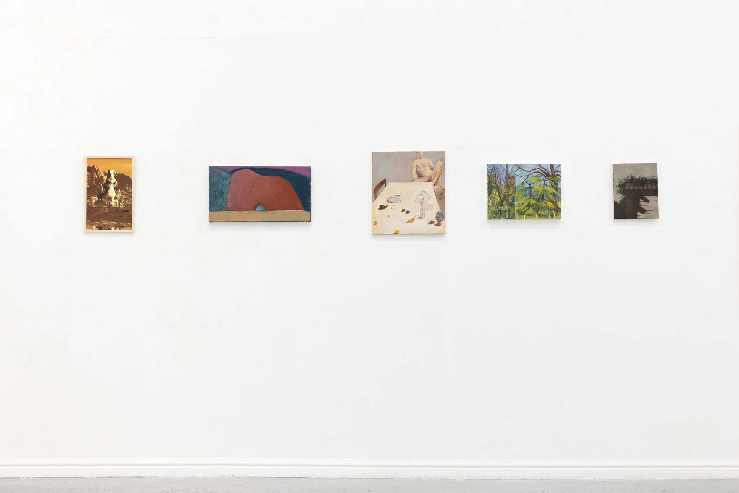 Interior of an art gallery with six paintings hung on a white wall, including a landscape, abstract art, and portraits.