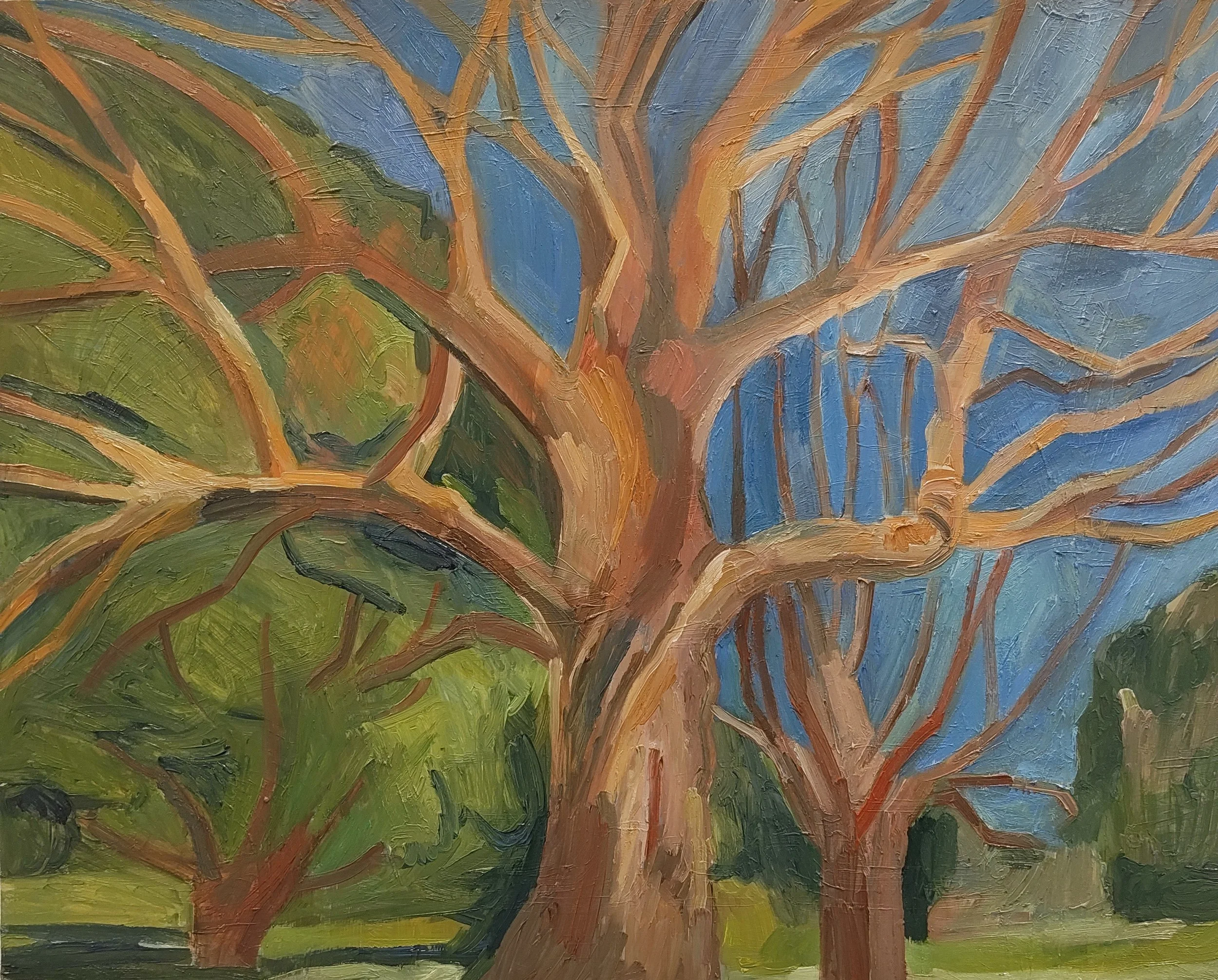 A colorful abstract painting of a tree with orange and brown branches, green leaves, and a blue sky background.