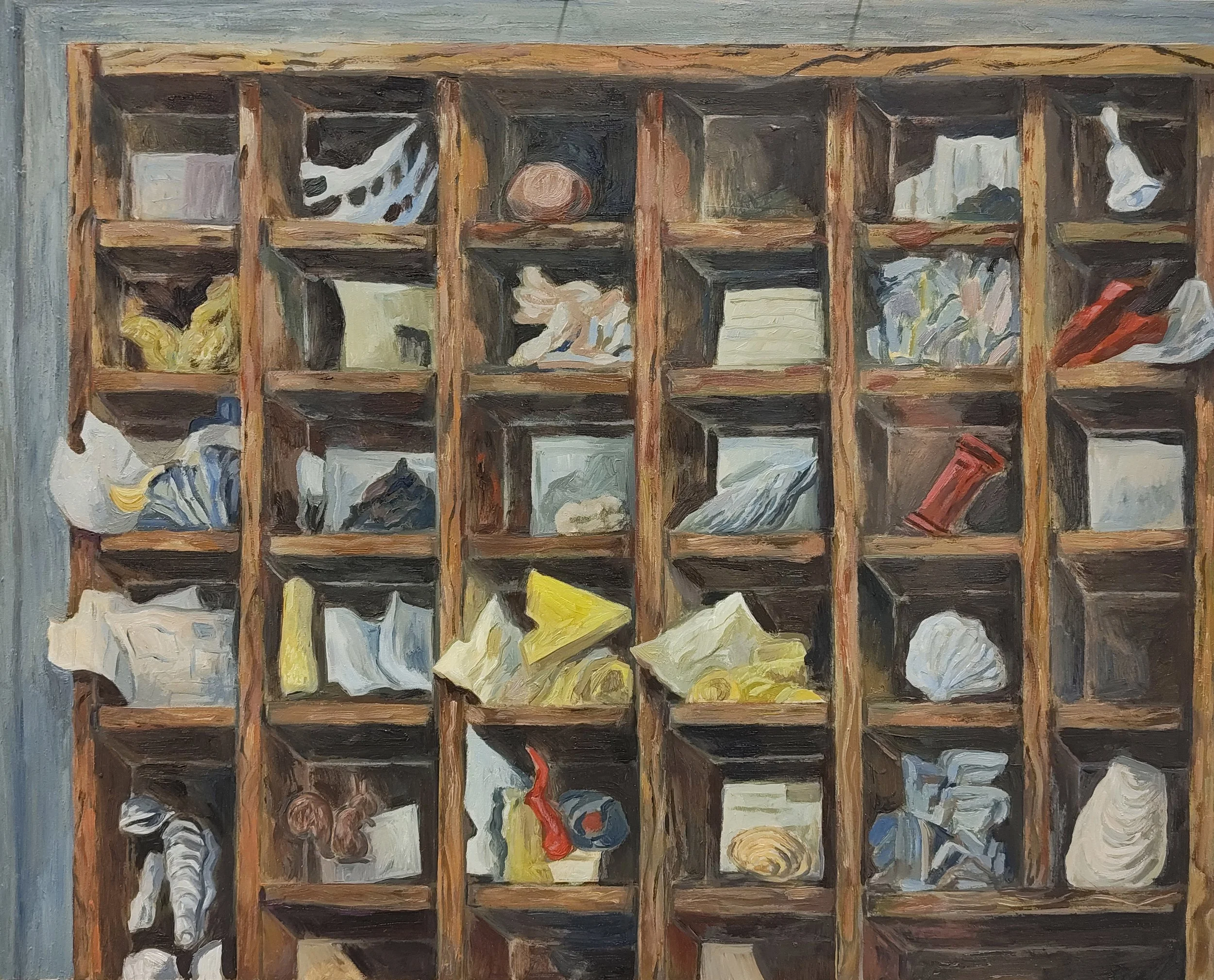 Painting of a wooden shelf with multiple compartments filled with scattered clothing and fabric items.