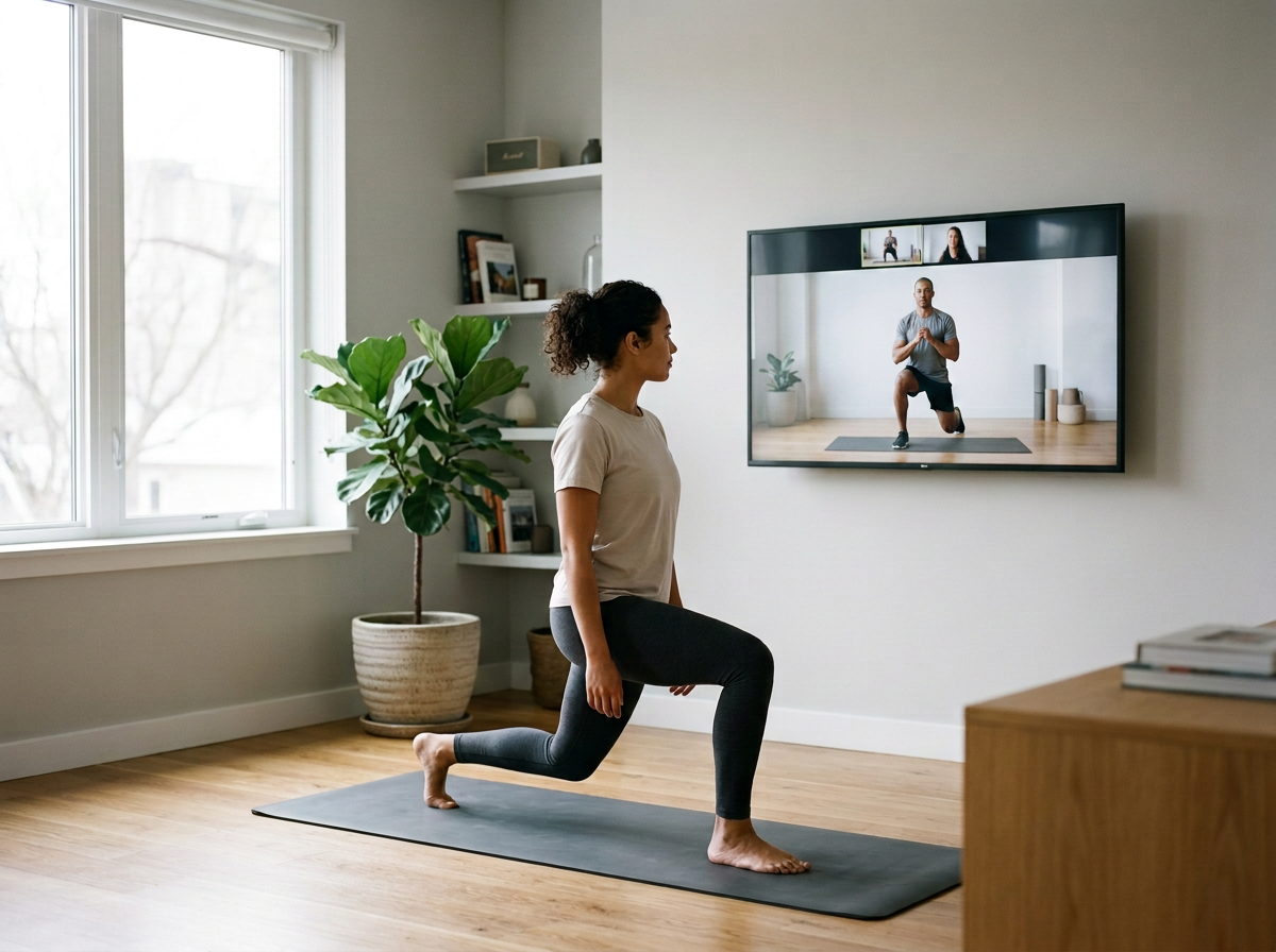 Femme faisant un exercice de yoga ou d'étirement devant un écran d'ordinateur ou une télévision, avec deux autres personnes en visioconférence à l'écran, dans une pièce bien éclairée et décorée avec des plantes et des étagères.
