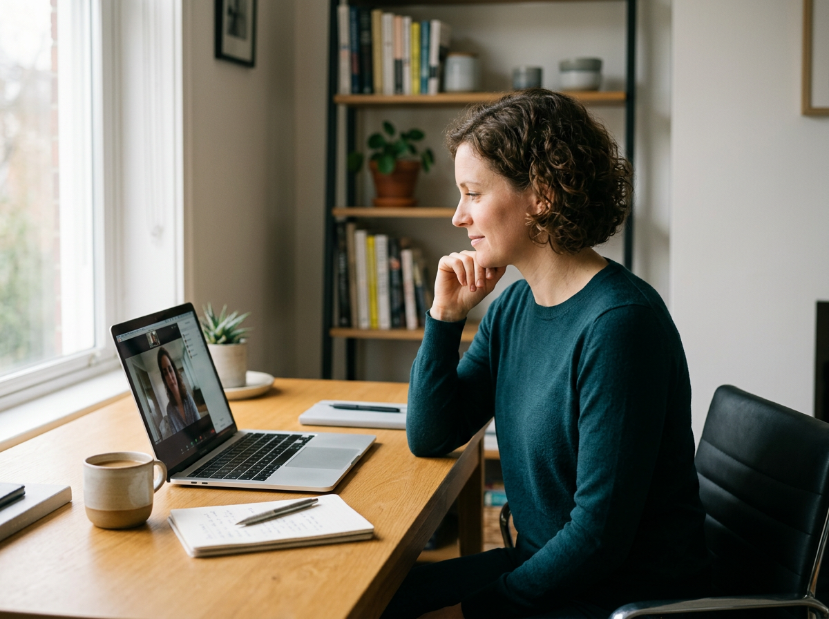 Femme discutant lors d'une visioconférence sur son ordinateur portable dans un bureau à domicile