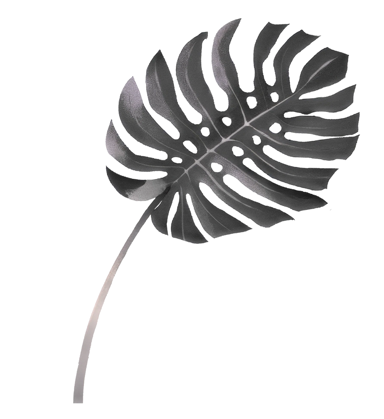 A black metallic monstera leaf sculpture with intricate cutouts, mounted on a white curved stand.