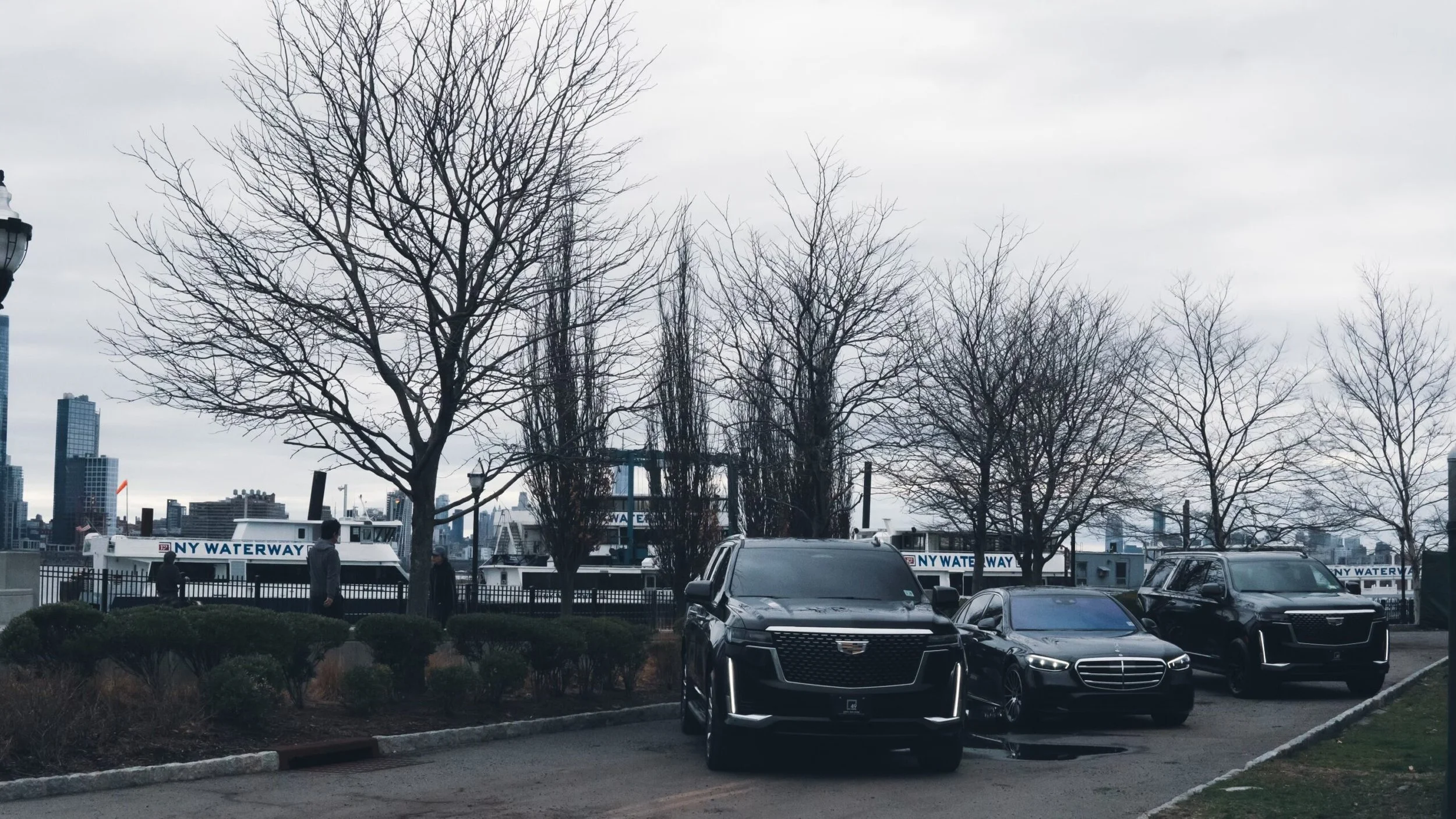 A parking lot near the waterfront with several parked cars, leafless trees, and buildings visible in the background on an overcast day.