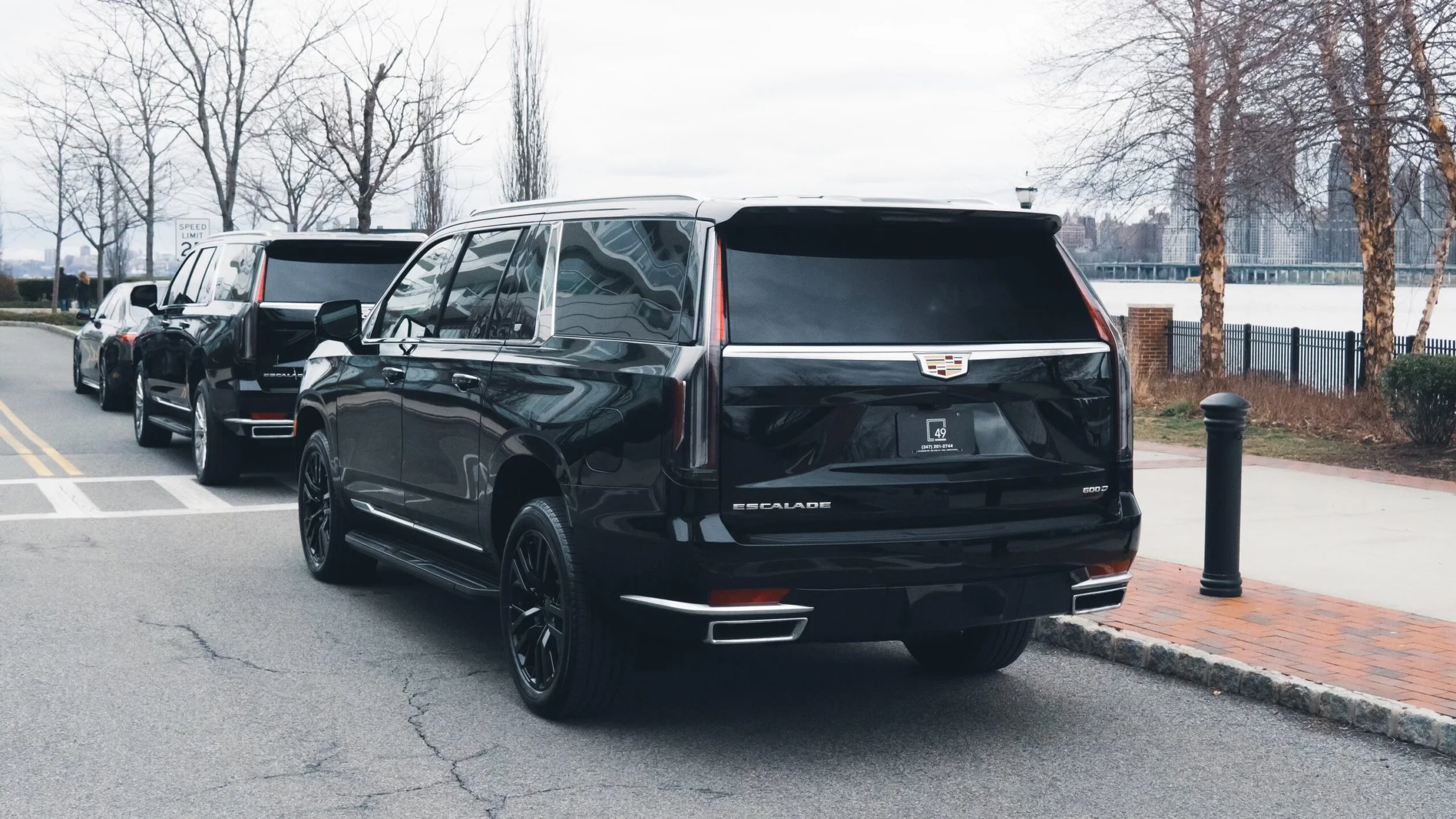 Black Cadillac Escalade parked on the side of a street with other vehicles, trees without leaves, and a city skyline in the background.