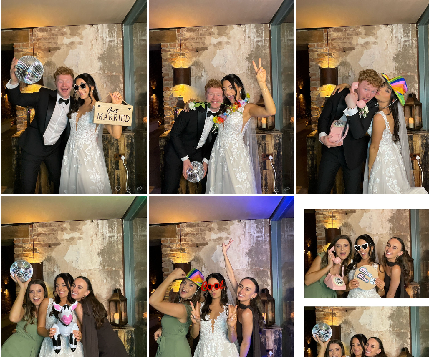 collage of six photos from a wedding reception with guests in fun costumes and props, some with the bride and groom, celebrating and making silly poses.