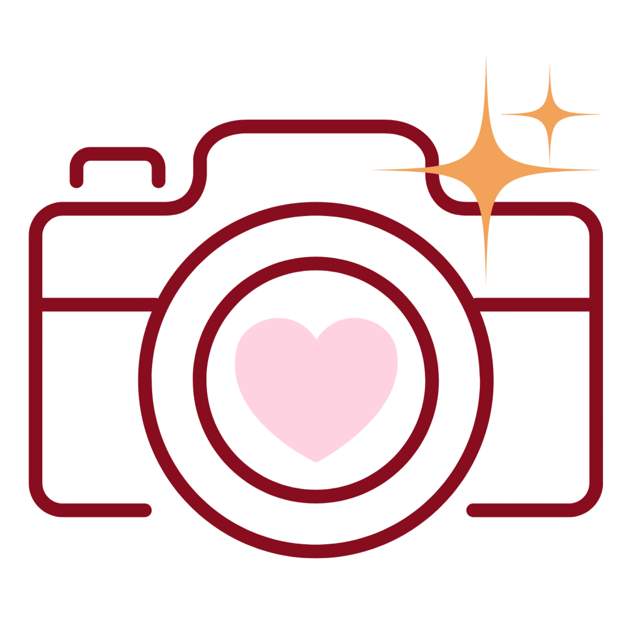 Outline of a camera with a pink heart in the center and sparkles to the right of the camera.