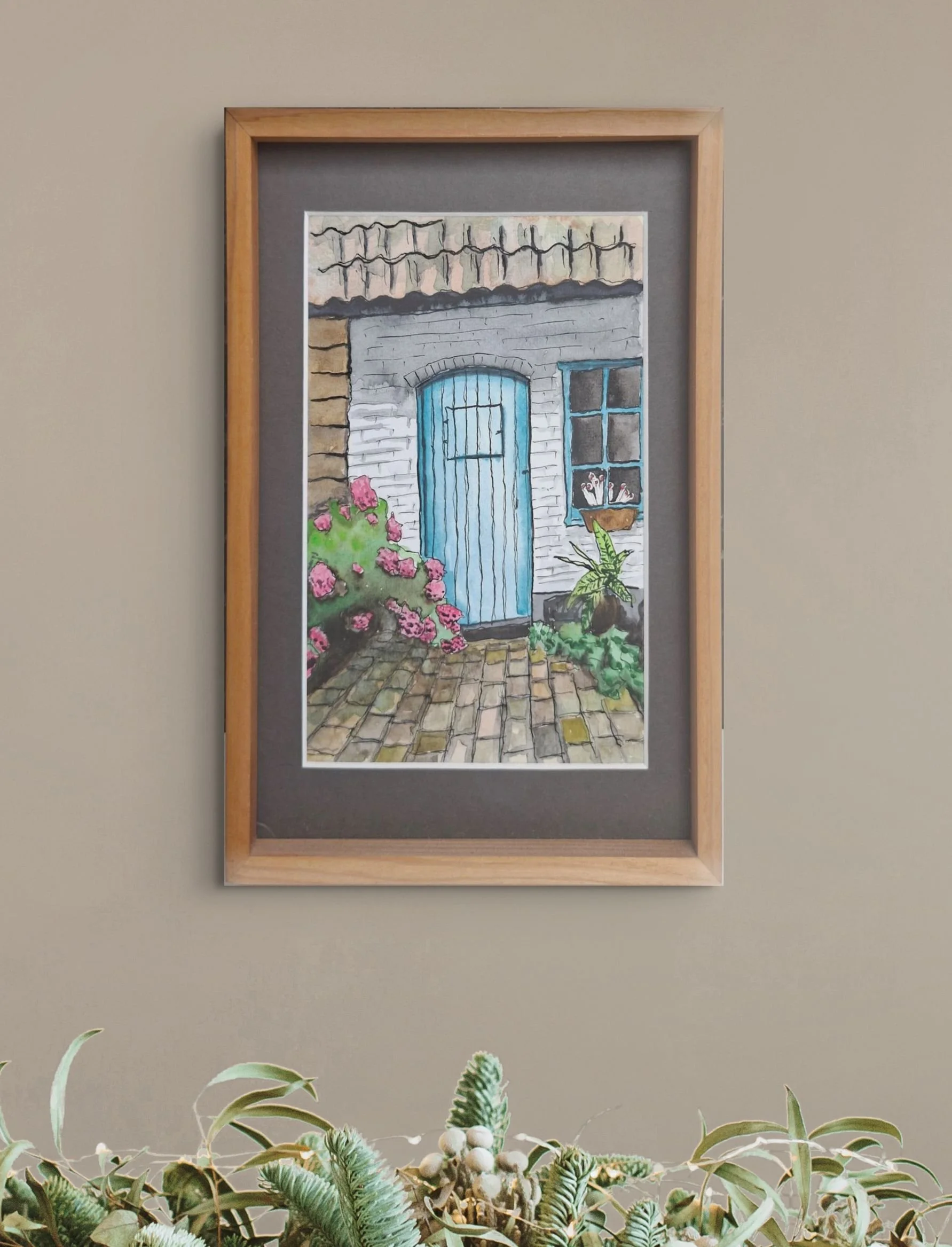 Blue door with flowers and path