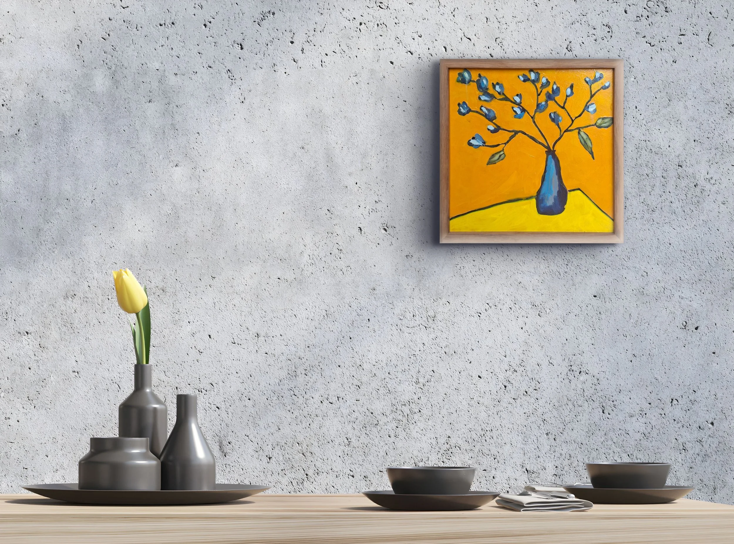 Blue vase in yellow room