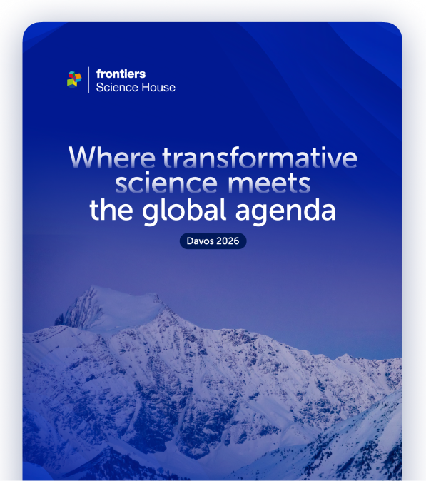 Cover page for Frontiers Science House event titled 'Where transformative science meets the global agenda', Davos 2026, featuring a snow-covered mountain landscape and a blue gradient background.