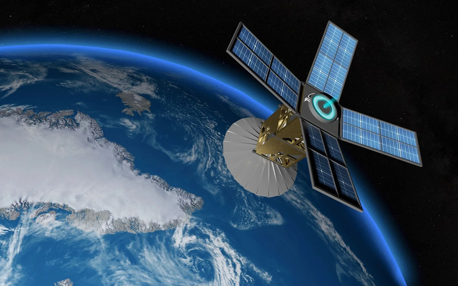 Satellite orbiting Earth with solar panels and antennas in space.