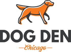 Logo of Dog Den Chicago featuring an orange and black dog silhouette and bold text.